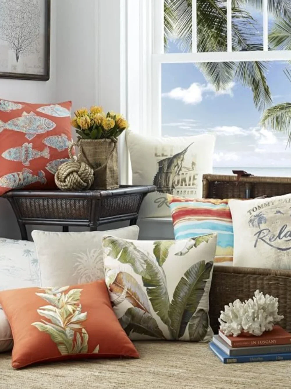 Tommy Bahama Fish Embroidered Square Pillow Sham Beach house Tropical Coastal